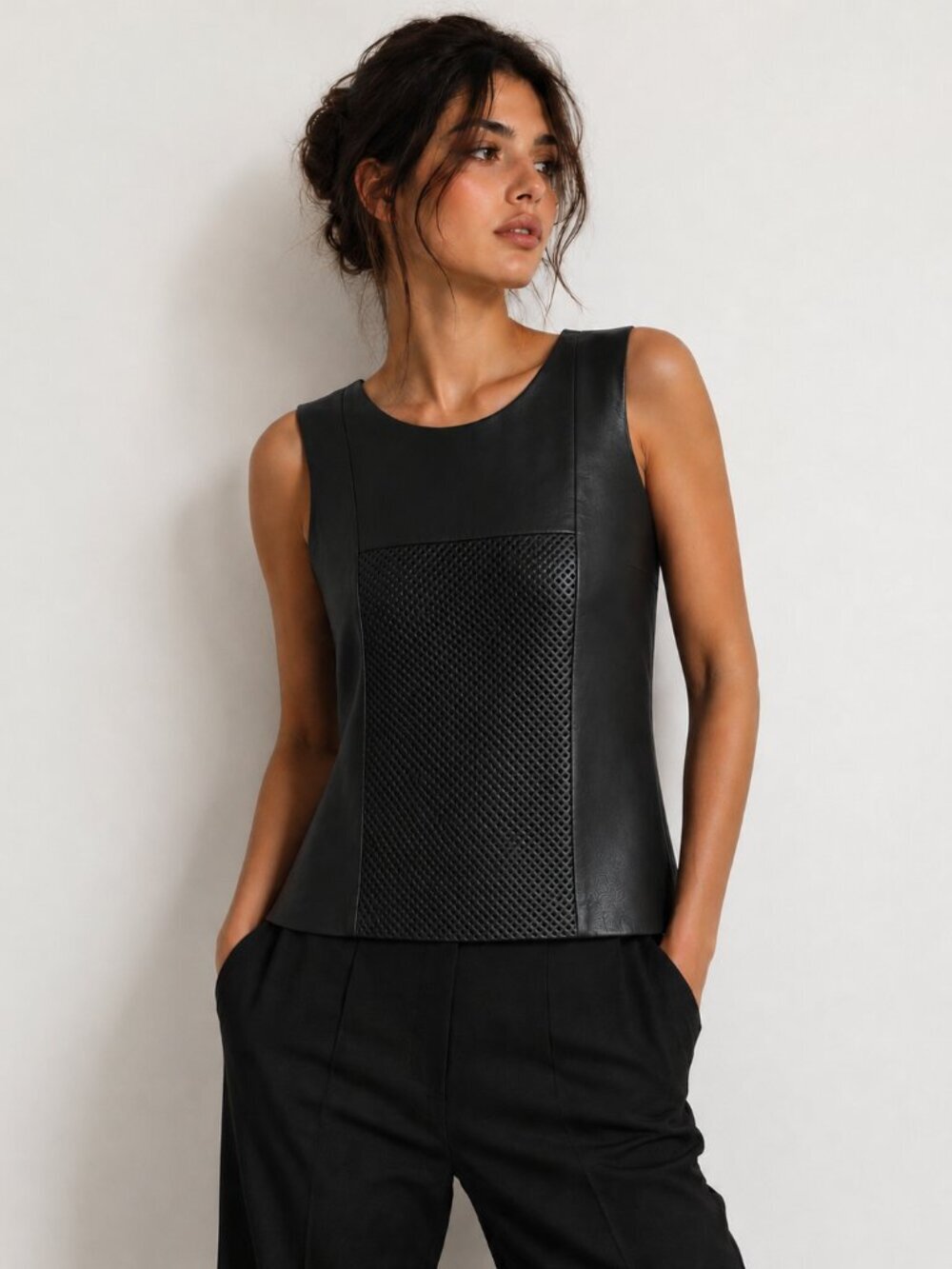 Black Leather Top Lamb Leather Sleeveless XS